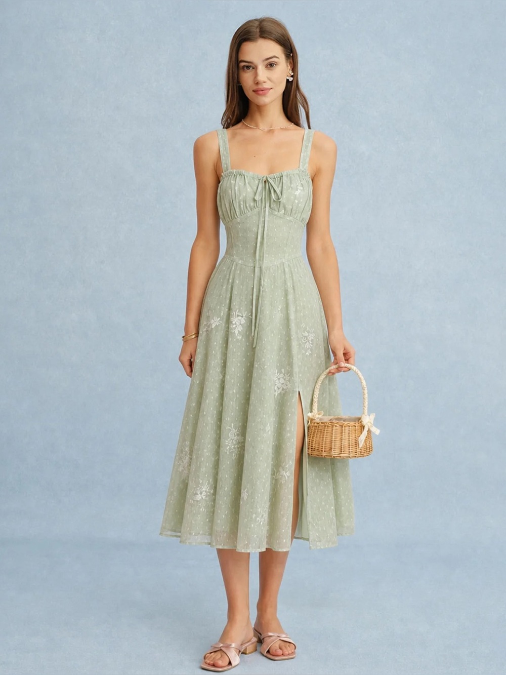 Rihoas Green Jacquard Slip A-Line Midi Dress
